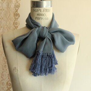 Vintage 1990s Scarf, Casca Blue Silk Chiffon Long Fringed Rectangular Hair Wrap